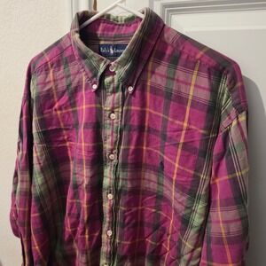 Ralph Lauren Mens XL Plaid Button Down Shirt Magenta Green Cotton Long Sleeve